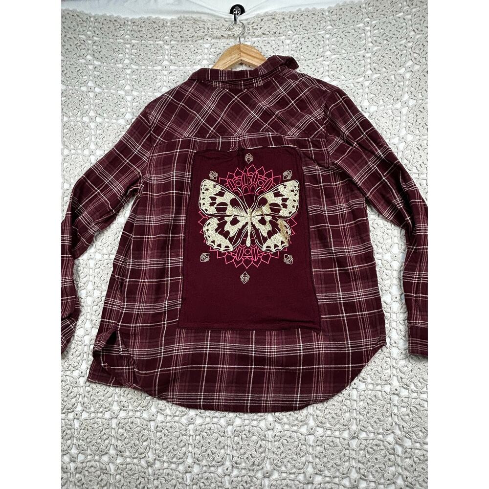 SONOMA Burgundy Wine Plaid Upcycled Butterfly Flannel Shirt Size Small - Picture 3 of 11